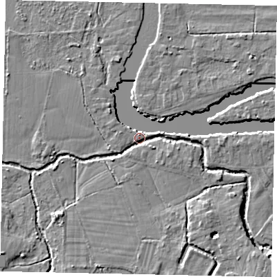 Shaded relief map of the ground around KT138YB, computed from Environment Agency LiDAR. The ground here sits at about 11 m above sea level and falls 6 m across the surrounding 800 m. Surface water reaching this point runs off ground lying to the south-south-west, 3.4 m higher.