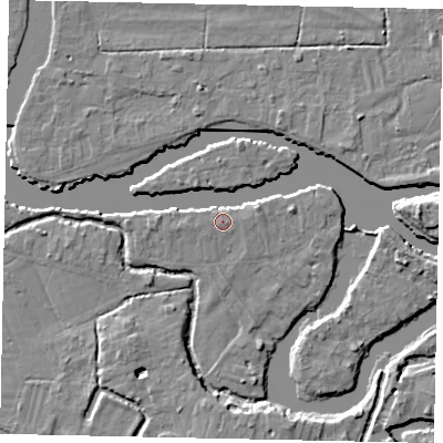 Shaded relief map of the ground around KT138YD, computed from Environment Agency LiDAR. The ground here sits at about 11 m above sea level and falls 6 m across the surrounding 800 m. Surface water reaching this point runs off ground lying to the east, 4.1 m higher.