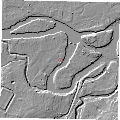 Shaded relief map of the ground around KT138YE, computed from Environment Agency LiDAR. The ground here sits at about 10 m above sea level and falls 9 m across the surrounding 800 m. Surface water reaching this point runs off ground lying to the north, 1.3 m higher.