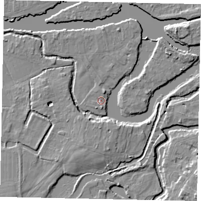 Shaded relief map of the ground around KT138YF, computed from Environment Agency LiDAR. The ground here sits at about 10 m above sea level and falls 8 m across the surrounding 800 m. Surface water reaching this point runs off ground lying to the south, 2.2 m higher.