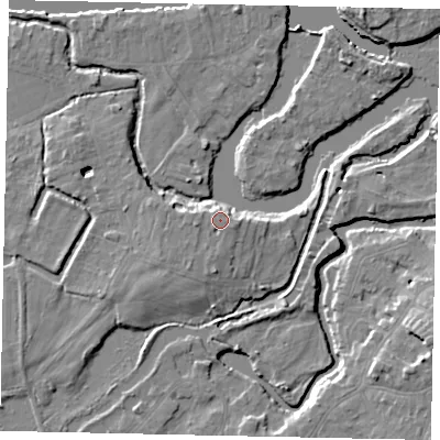 Shaded relief map of the ground around KT138YG, computed from Environment Agency LiDAR. The ground here sits at about 13 m above sea level and falls 10 m across the surrounding 800 m. Surface water reaching this point runs off ground lying to the south-south-west, 1.8 m higher.