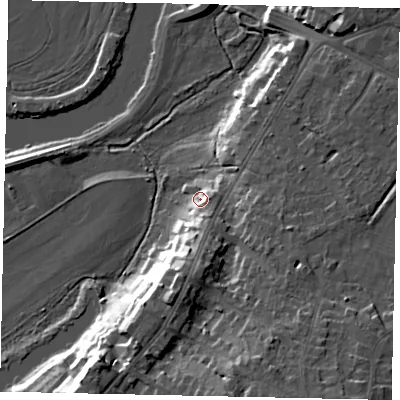 Shaded relief map of the ground around KT139JH, computed from Environment Agency LiDAR. The ground here sits at about 14 m above sea level and falls 19 m across the surrounding 800 m. Surface water reaching this point runs off ground lying to the south-south-east, 6.6 m higher.
