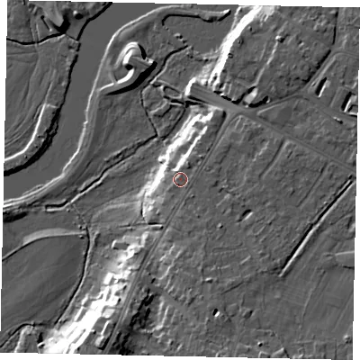 Shaded relief map of the ground around KT139JL, computed from Environment Agency LiDAR. The ground here sits at about 16 m above sea level and falls 17 m across the surrounding 800 m. Surface water reaching this point runs off ground lying to the north-east, 0.9 m higher.