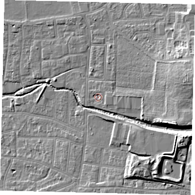 Shaded relief map of the ground around KT13AJ, computed from Environment Agency LiDAR. The ground here sits at about 10 m above sea level and falls 12 m across the surrounding 800 m. Surface water reaching this point runs off ground lying to the east-south-east, 3.9 m higher.