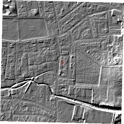 Shaded relief map of the ground around KT13AP, computed from Environment Agency LiDAR. The ground here sits at about 10 m above sea level and falls 13 m across the surrounding 800 m. Surface water reaching this point runs off ground lying to the east-south-east, 10.0 m higher.