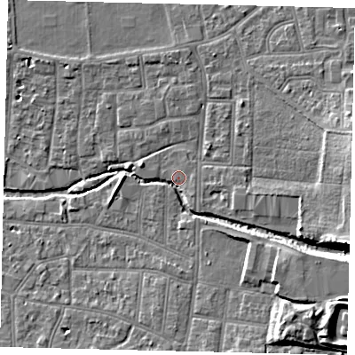Shaded relief map of the ground around KT13AR, computed from Environment Agency LiDAR. The ground here sits at about 10 m above sea level and falls 11 m across the surrounding 800 m. Surface water reaching this point runs off ground lying to the south-east, 8.8 m higher.