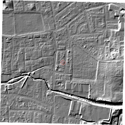 Shaded relief map of the ground around KT13AT, computed from Environment Agency LiDAR. The ground here sits at about 10 m above sea level and falls 12 m across the surrounding 800 m. Surface water reaching this point runs off ground lying to the east, 9.7 m higher.