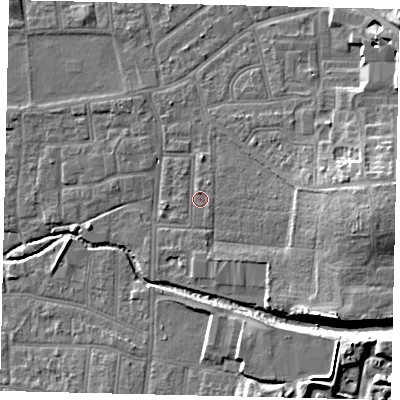 Shaded relief map of the ground around KT13AU, computed from Environment Agency LiDAR. The ground here sits at about 10 m above sea level and falls 12 m across the surrounding 800 m. Surface water reaching this point runs off ground lying to the east, 9.7 m higher.