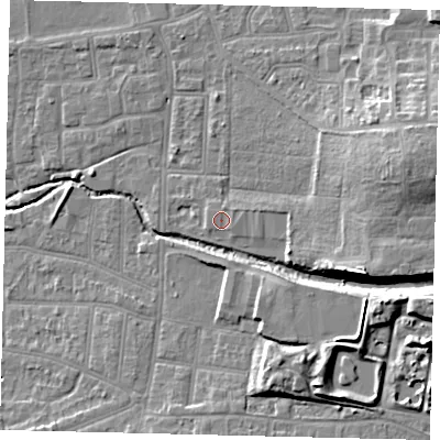 Shaded relief map of the ground around KT13AW, computed from Environment Agency LiDAR. The ground here sits at about 11 m above sea level and falls 12 m across the surrounding 800 m. Surface water reaching this point runs off ground lying to the north-east, 0.7 m higher.