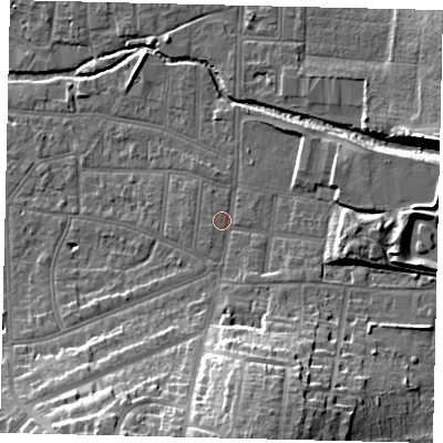 Shaded relief map of the ground around KT13BB, computed from Environment Agency LiDAR. The ground here sits at about 11 m above sea level and falls 22 m across the surrounding 800 m. Surface water reaching this point runs off ground lying to the south, 18.3 m higher.