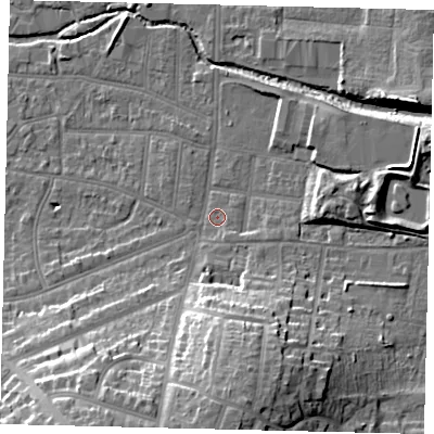 Shaded relief map of the ground around KT13BD, computed from Environment Agency LiDAR. The ground here sits at about 12 m above sea level and falls 23 m across the surrounding 800 m. Surface water reaching this point runs off ground lying to the south, 18.9 m higher.