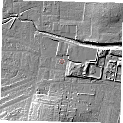 Shaded relief map of the ground around KT13BE, computed from Environment Agency LiDAR. The ground here sits at about 12 m above sea level and falls 21 m across the surrounding 800 m. Surface water reaching this point runs off ground lying to the east-south-east, 5.6 m higher.