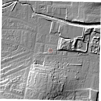 Shaded relief map of the ground around KT13BF, computed from Environment Agency LiDAR. The ground here sits at about 13 m above sea level and falls 23 m across the surrounding 800 m. Surface water reaching this point runs off ground lying to the south, 1.3 m higher.