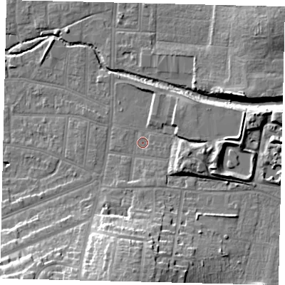 Shaded relief map of the ground around KT13BG, computed from Environment Agency LiDAR. The ground here sits at about 11 m above sea level and falls 22 m across the surrounding 800 m. Surface water reaching this point runs off ground lying to the east-south-east, 7.0 m higher.