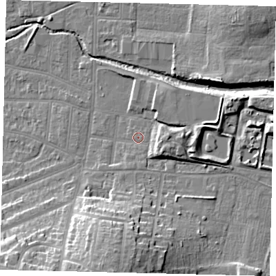 Shaded relief map of the ground around KT13BH, computed from Environment Agency LiDAR. The ground here sits at about 12 m above sea level and falls 22 m across the surrounding 800 m. Surface water reaching this point runs off ground lying to the east-south-east, 6.3 m higher.