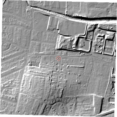 Shaded relief map of the ground around KT13BJ, computed from Environment Agency LiDAR. The ground here sits at about 13 m above sea level and falls 23 m across the surrounding 800 m. Surface water reaching this point runs off ground lying to the south-south-west, 17.0 m higher.
