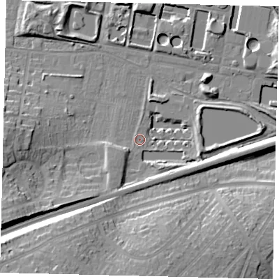 Shaded relief map of the ground around KT13BN, computed from Environment Agency LiDAR. The ground here sits at about 15 m above sea level and falls 24 m across the surrounding 800 m. Surface water reaching this point runs off ground lying to the south-west, 5.1 m higher.