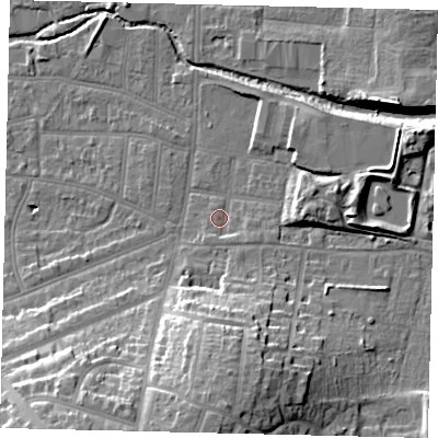 Shaded relief map of the ground around KT13BQ, computed from Environment Agency LiDAR. The ground here sits at about 12 m above sea level and falls 23 m across the surrounding 800 m. Surface water reaching this point runs off ground lying to the south-south-east, 1.9 m higher.