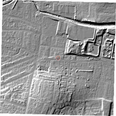 Shaded relief map of the ground around KT13BT, computed from Environment Agency LiDAR. The ground here sits at about 13 m above sea level and falls 23 m across the surrounding 800 m. Surface water reaching this point runs off ground lying to the south, 16.8 m higher.