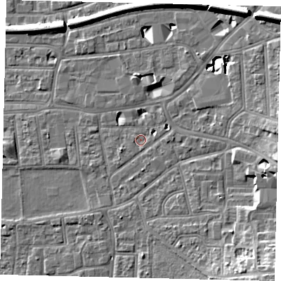 Shaded relief map of the ground around KT13BU, computed from Environment Agency LiDAR. The ground here sits at about 9 m above sea level and falls 14 m across the surrounding 800 m. Surface water reaching this point runs off ground lying to the south-east, 10.8 m higher.