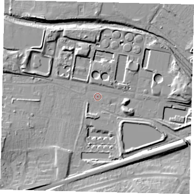 Shaded relief map of the ground around KT13BW, computed from Environment Agency LiDAR. The ground here sits at about 13 m above sea level and falls 17 m across the surrounding 800 m. Surface water reaching this point runs off ground lying to the east, 11.8 m higher.