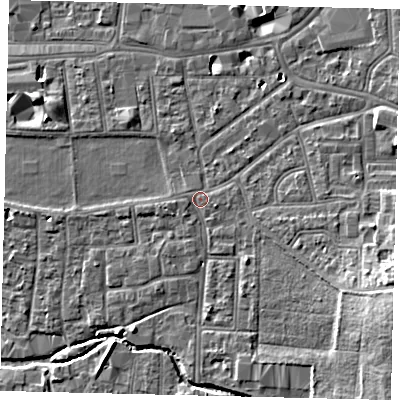 Shaded relief map of the ground around KT13BX, computed from Environment Agency LiDAR. The ground here sits at about 10 m above sea level and falls 11 m across the surrounding 800 m. Surface water reaching this point runs off ground lying to the south-west, 0.8 m higher.