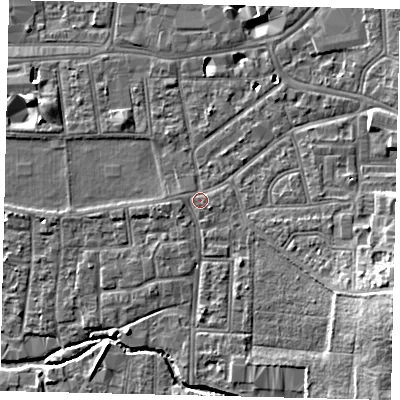 Shaded relief map of the ground around KT13BY, computed from Environment Agency LiDAR. The ground here sits at about 10 m above sea level and falls 12 m across the surrounding 800 m. Surface water reaching this point runs off ground lying to the south-west, 0.8 m higher.