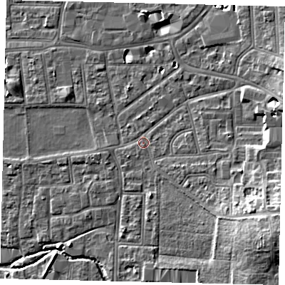 Shaded relief map of the ground around KT13DG, computed from Environment Agency LiDAR. The ground here sits at about 10 m above sea level and falls 13 m across the surrounding 800 m. Surface water reaching this point runs off ground lying to the south-east, 9.7 m higher.