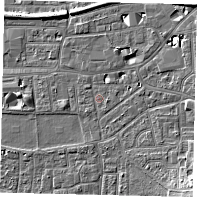 Shaded relief map of the ground around KT13DH, computed from Environment Agency LiDAR. The ground here sits at about 10 m above sea level and falls 12 m across the surrounding 800 m. Surface water reaching this point runs off ground lying to the south-west, 1.2 m higher.