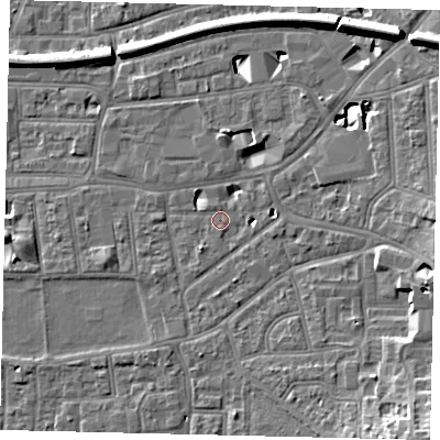 Shaded relief map of the ground around KT13DJ, computed from Environment Agency LiDAR. The ground here sits at about 9 m above sea level and falls 13 m across the surrounding 800 m. Surface water reaching this point runs off ground lying to the south-east, 9.9 m higher.