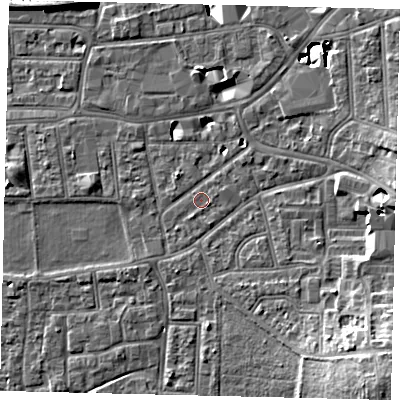 Shaded relief map of the ground around KT13DP, computed from Environment Agency LiDAR. The ground here sits at about 10 m above sea level and falls 15 m across the surrounding 800 m. Surface water reaching this point runs off ground lying to the south-south-east, 1.0 m higher.