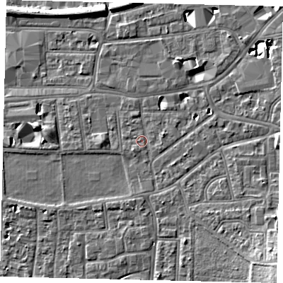 Shaded relief map of the ground around KT13DQ, computed from Environment Agency LiDAR. The ground here sits at about 10 m above sea level and falls 11 m across the surrounding 800 m. Surface water reaching this point runs off ground lying to the east-south-east, 0.8 m higher.