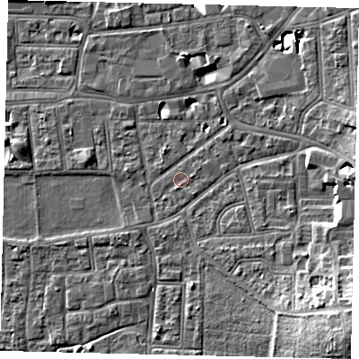 Shaded relief map of the ground around KT13DR, computed from Environment Agency LiDAR. The ground here sits at about 10 m above sea level and falls 15 m across the surrounding 800 m. Surface water reaching this point runs off ground lying to the south-east, 1.0 m higher.