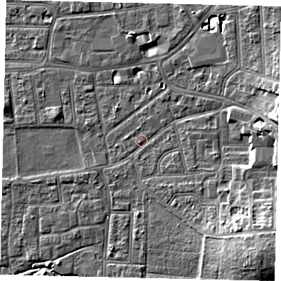 Shaded relief map of the ground around KT13DS, computed from Environment Agency LiDAR. The ground here sits at about 10 m above sea level and falls 13 m across the surrounding 800 m. Surface water reaching this point runs off ground lying to the south-east, 10.0 m higher.