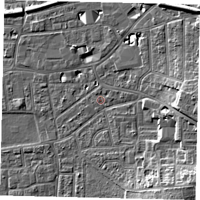 Shaded relief map of the ground around KT13DU, computed from Environment Agency LiDAR. The ground here sits at about 10 m above sea level and falls 14 m across the surrounding 800 m. Surface water reaching this point runs off ground lying to the south-east, 9.8 m higher.