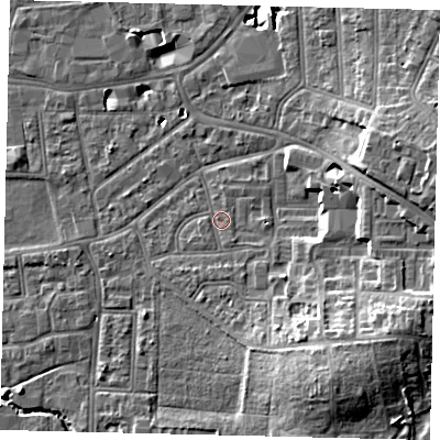 Shaded relief map of the ground around KT13DY, computed from Environment Agency LiDAR. The ground here sits at about 10 m above sea level and falls 13 m across the surrounding 800 m. Surface water reaching this point runs off ground lying to the south-east, 9.0 m higher.