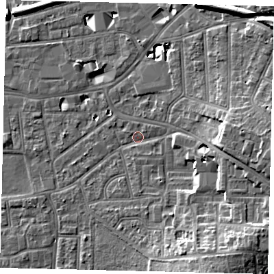 Shaded relief map of the ground around KT13EF, computed from Environment Agency LiDAR. The ground here sits at about 10 m above sea level and falls 14 m across the surrounding 800 m. Surface water reaching this point runs off ground lying to the south-east, 9.8 m higher.
