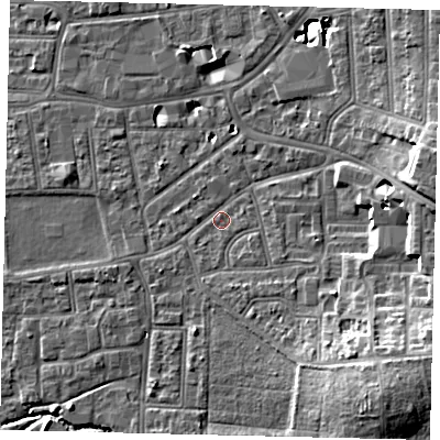 Shaded relief map of the ground around KT13EG, computed from Environment Agency LiDAR. The ground here sits at about 10 m above sea level and falls 13 m across the surrounding 800 m. Surface water reaching this point runs off ground lying to the south-east, 10.0 m higher.