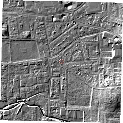 Shaded relief map of the ground around KT13EP, computed from Environment Agency LiDAR. The ground here sits at about 10 m above sea level and falls 12 m across the surrounding 800 m. Surface water reaching this point runs off ground lying to the east-south-east, 9.5 m higher.