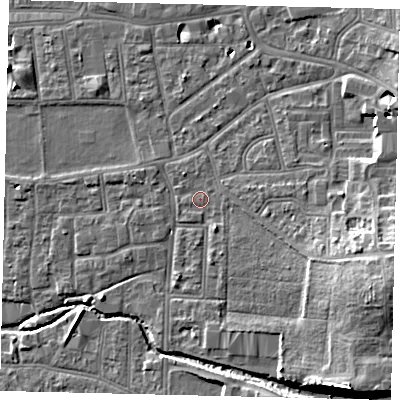 Shaded relief map of the ground around KT13ER, computed from Environment Agency LiDAR. The ground here sits at about 10 m above sea level and falls 13 m across the surrounding 800 m. Surface water reaching this point runs off ground lying to the north-north-west, 0.6 m higher.