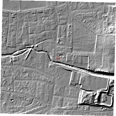 Shaded relief map of the ground around KT13FQ, computed from Environment Agency LiDAR. The ground here sits at about 10 m above sea level and falls 12 m across the surrounding 800 m. Surface water reaching this point runs off ground lying to the east-south-east, 3.9 m higher.