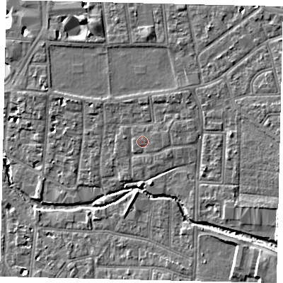 Shaded relief map of the ground around KT13GA, computed from Environment Agency LiDAR. The ground here sits at about 10 m above sea level and falls 13 m across the surrounding 800 m. Surface water reaching this point runs off ground lying to the east-south-east, 0.6 m higher.