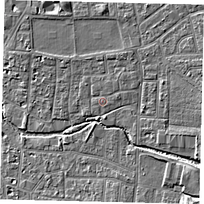 Shaded relief map of the ground around KT13GB, computed from Environment Agency LiDAR. The ground here sits at about 10 m above sea level and falls 11 m across the surrounding 800 m. Surface water reaching this point runs off ground lying to the east, 0.8 m higher.