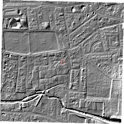 Shaded relief map of the ground around KT13GD, computed from Environment Agency LiDAR. The ground here sits at about 10 m above sea level and falls 12 m across the surrounding 800 m. Surface water reaching this point runs off ground lying to the north, 1.1 m higher.