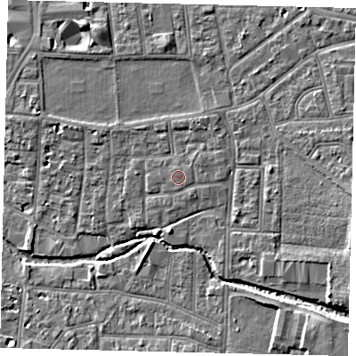 Shaded relief map of the ground around KT13GE, computed from Environment Agency LiDAR. The ground here sits at about 10 m above sea level and falls 8 m across the surrounding 800 m. The ground contributing surface water to this point lies to the south.