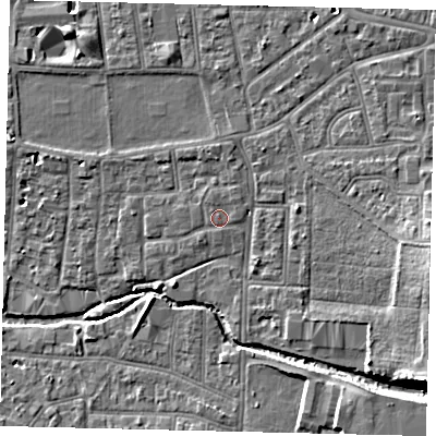 Shaded relief map of the ground around KT13GF, computed from Environment Agency LiDAR. The ground here sits at about 10 m above sea level and falls 12 m across the surrounding 800 m. Surface water reaching this point runs off ground lying to the south-west, 0.8 m higher.