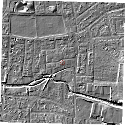 Shaded relief map of the ground around KT13GG, computed from Environment Agency LiDAR. The ground here sits at about 10 m above sea level and falls 9 m across the surrounding 800 m. Surface water reaching this point runs off ground lying to the south-south-west, 0.9 m higher.