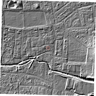 Shaded relief map of the ground around KT13GQ, computed from Environment Agency LiDAR. The ground here sits at about 10 m above sea level and falls 11 m across the surrounding 800 m. Surface water reaching this point runs off ground lying to the south-east, 9.0 m higher.