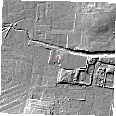 Shaded relief map of the ground around KT13GZ, computed from Environment Agency LiDAR. The ground here sits at about 13 m above sea level and falls 19 m across the surrounding 800 m. Surface water reaching this point runs off ground lying to the north, 0.5 m higher.