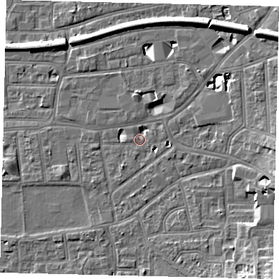 Shaded relief map of the ground around KT13JR, computed from Environment Agency LiDAR. The ground here sits at about 9 m above sea level and falls 12 m across the surrounding 800 m. Surface water reaching this point runs off ground lying to the south-east, 9.7 m higher.